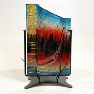 Jasmine Studio Fused Glass Pocket Vase in Metal Frame Signed Benjamin Chang